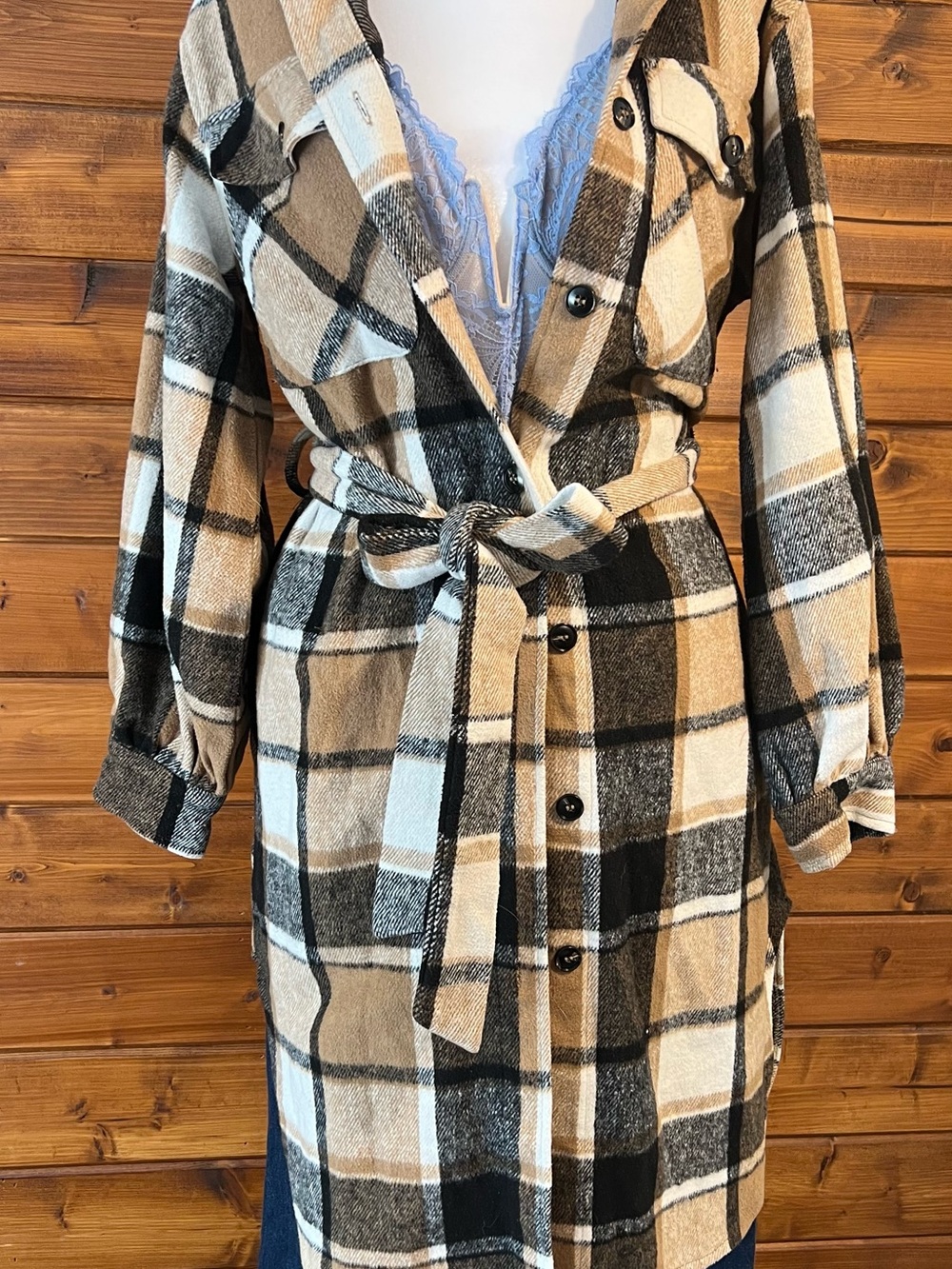 Plaid Button-Front Belted Shacket Coat in Tan, Black & Cream